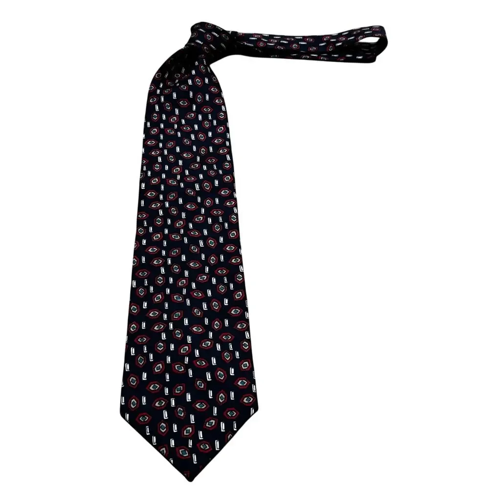 Oscar de la Renta all silk men's neck tie navy blue & red geometric pattern